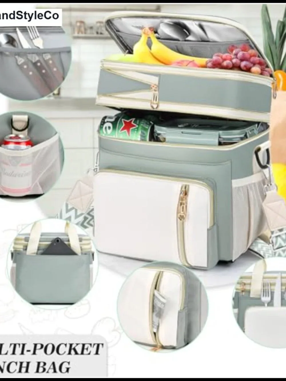 Insulated Double Deck Lunch Bag Expandable Leakproof Cooler Tote